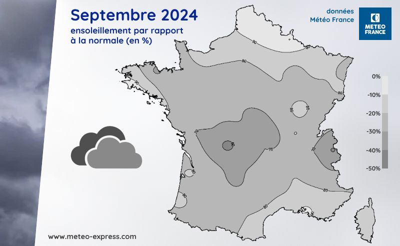 Rapport à la normale de l'ensoleillement en septembre 2024