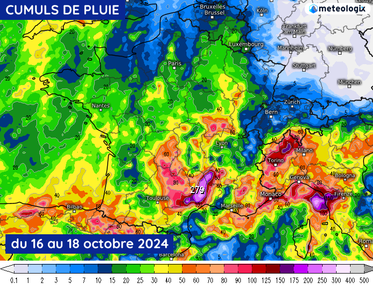 Cumuls de pluie prévus du mercredi 16 au vendredi 18 octobre 2024