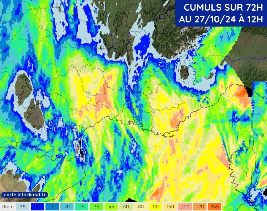 Cumuls de pluie sur 72h au dimanche 27 octobre 2024 à 12h 