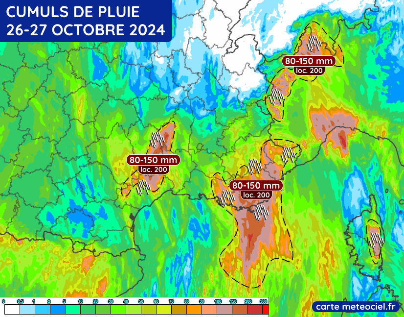 Cumuls de pluie prévus les samedi 26 et dimanche 27 octobre 2024