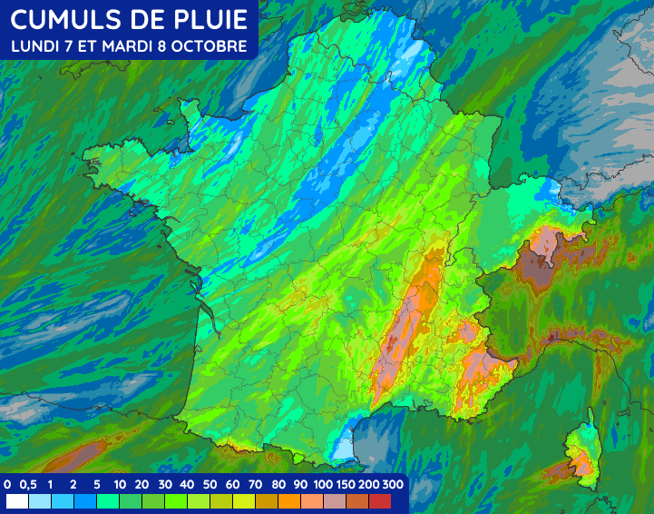 Cumuls de pluie prévus les lundi 7 et mardi 8 octobre 2024