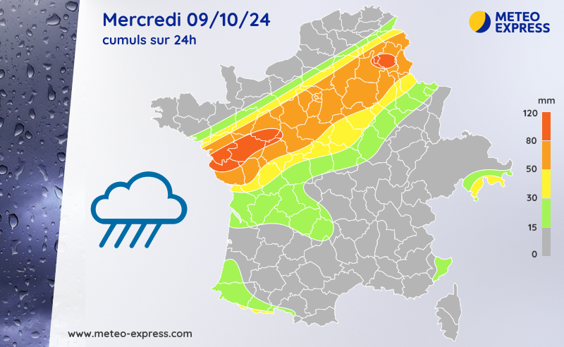 Cumuls de pluie prévus ce mercredi 9 octobre 2024