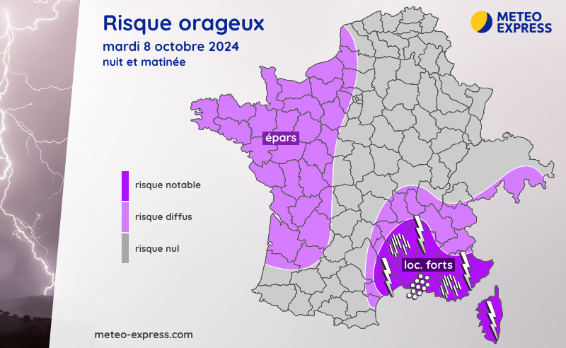 Risque orageux le mardi 8 octobre 2024 en nuit et matinée