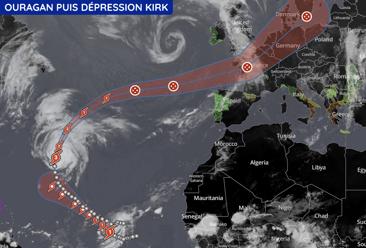 Trajectoire de l'ouragan puis de la dépression Kirk 