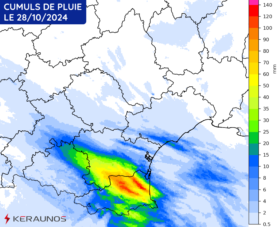 Cumuls de pluie en Occitanie le lundi 28 octobre 2024