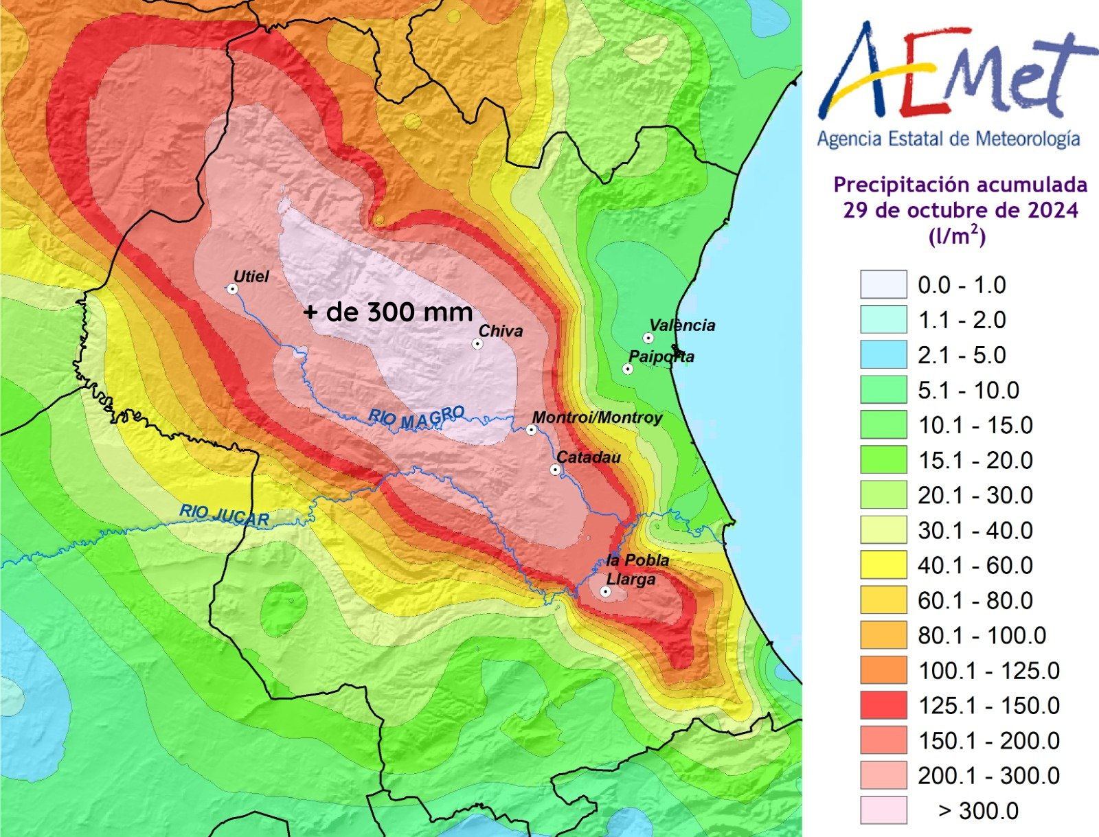 Cumuls de pluie dans la région de Valence (Espagne) ce mardi 29 octobre 2024