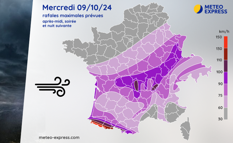 Rafales maximales prévues ce mercredi 9 octobre 2024 et la nuit suivante
