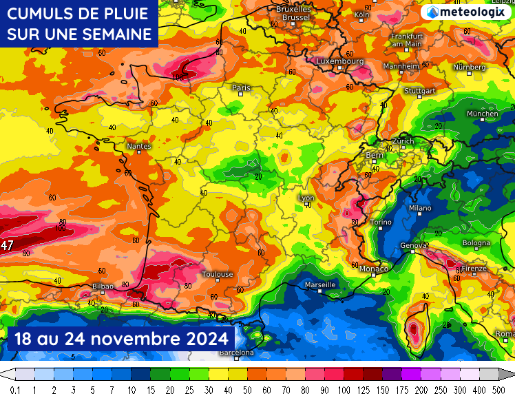 Cumuls de pluie du lundi 18 au dimanche 24 novembre 2024 