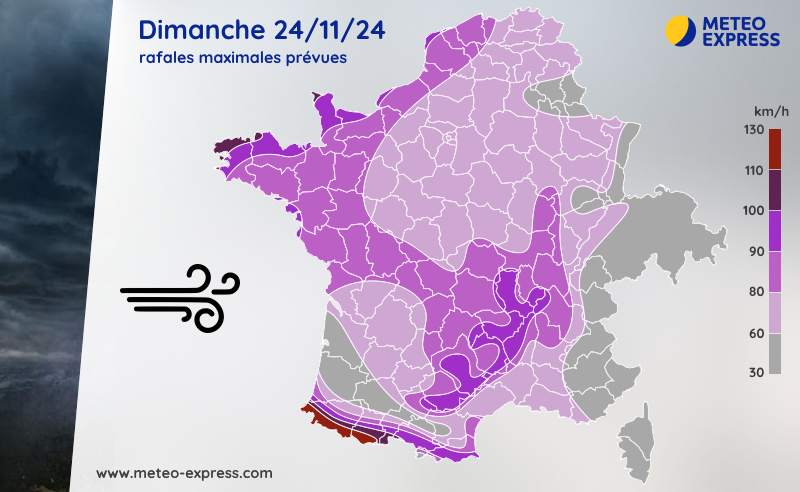 Rafales maximales prévues ce dimanche 24 novembre 2024