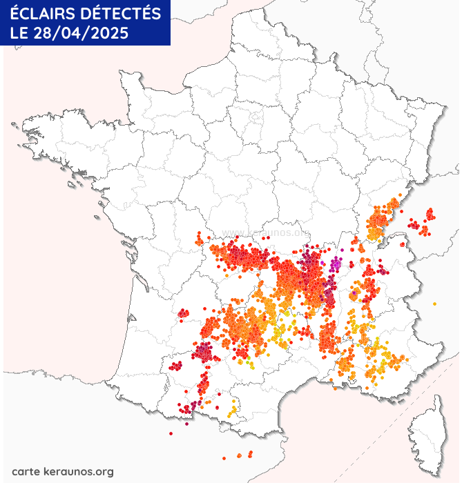 Éclairs détectés en France ce lundi 28 avril 2025