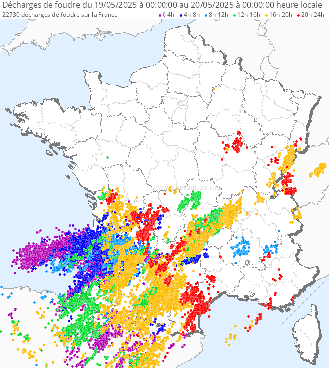 Éclairs détectés en journée du lundi 19 mai 2025