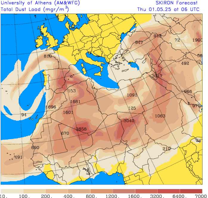 Densité de poussières de sable du Sahara du jeudi 1er au dimanche 4 mai 2025