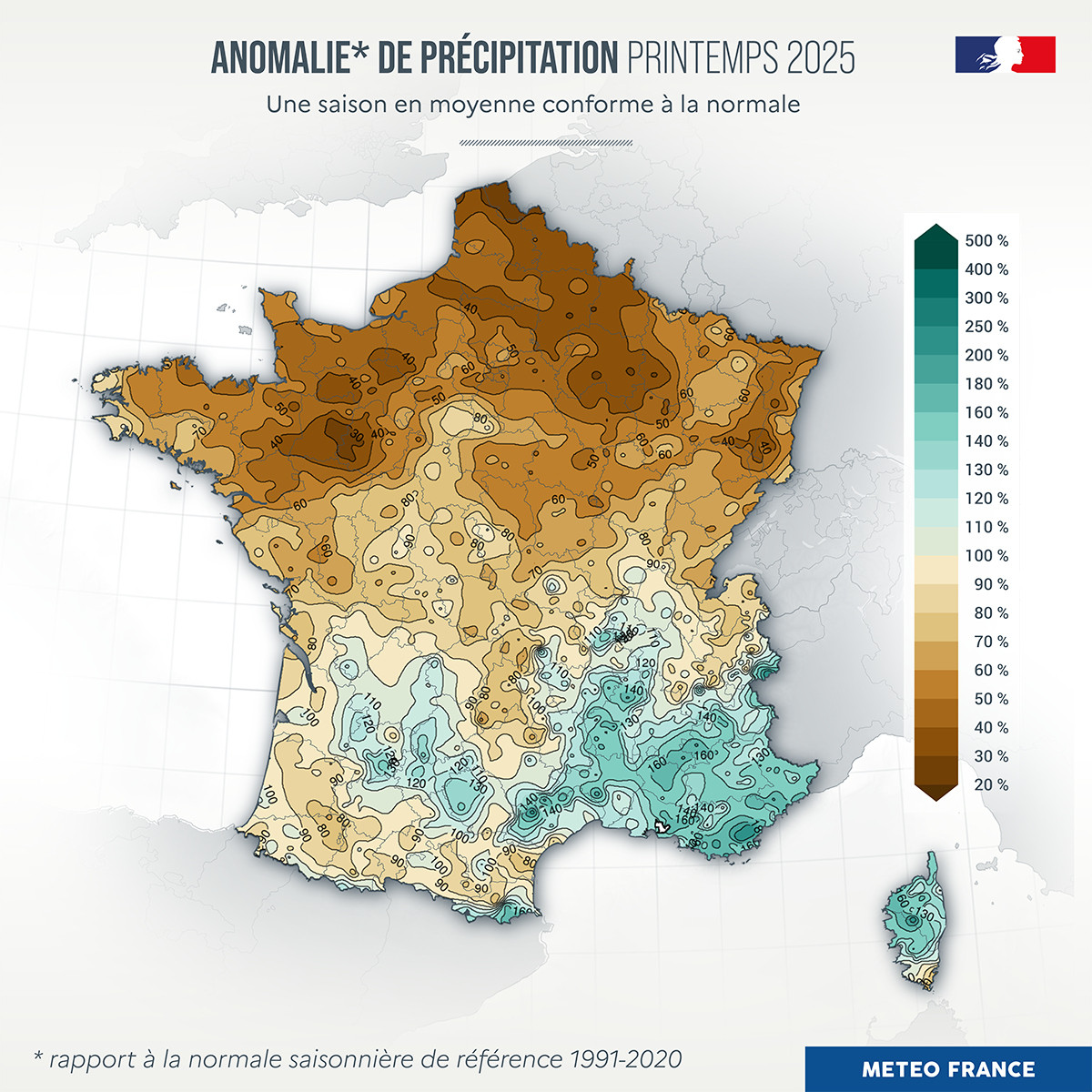Anomalie de précipitations au printemps 2025 (mars, avril & mai)