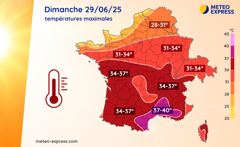 Températures maximales prévues le dimanche 29 juin 2025