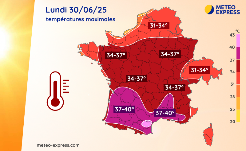 Températures maximales prévues le lundi 30 juin 2025