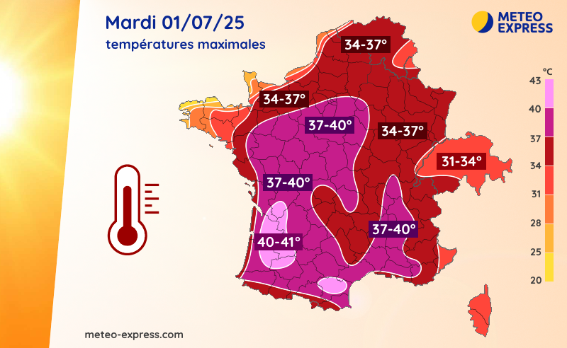 Températures maximales prévues le mardi 1er juillet 2025
