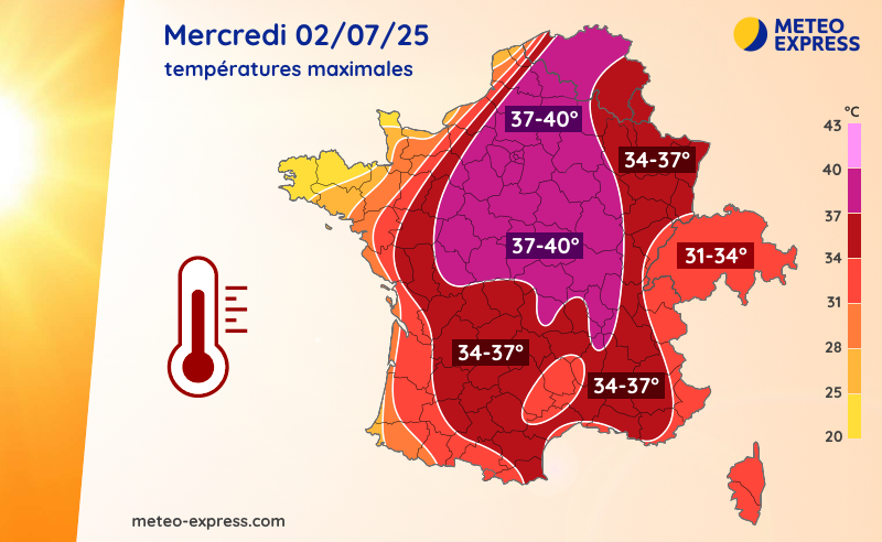 Températures maximales prévues le mercredi 2 juillet 2025