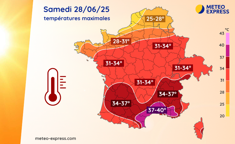 Températures maximales prévues le samedi 28 juin 2025