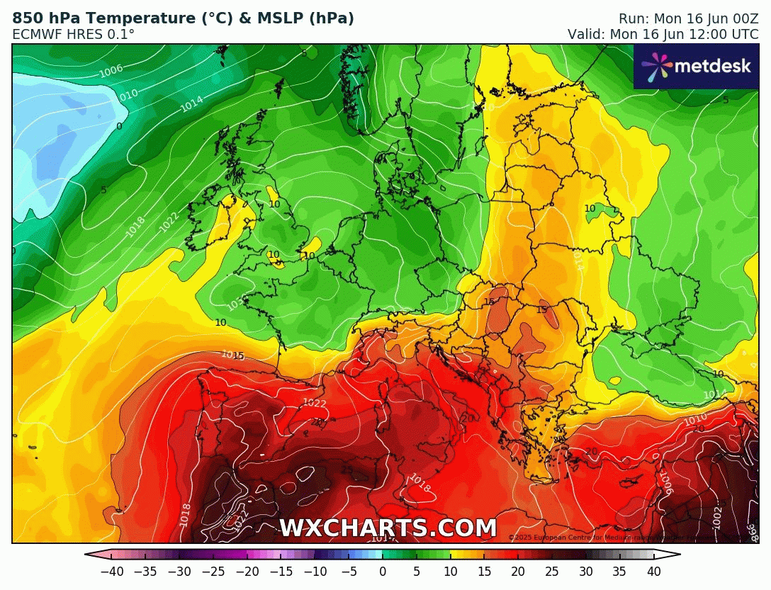 Température de la masse d'air vers 1500m du lundi 16 au dimanche 22 juin 2025