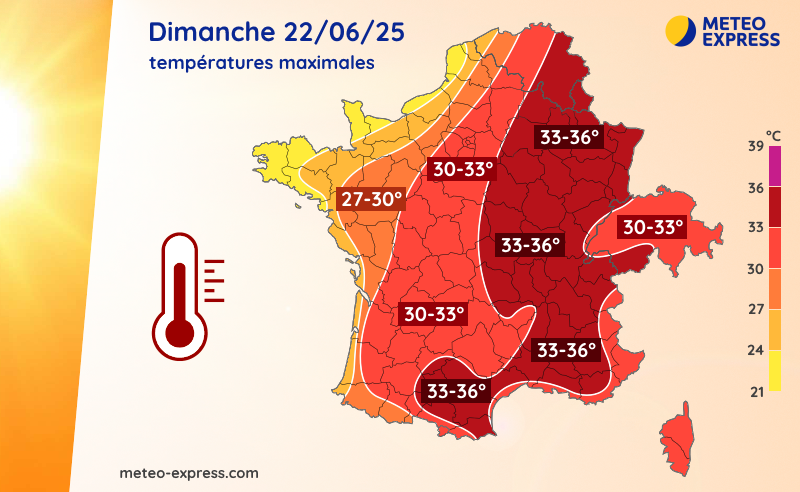 Températures maximales prévues le dimanche 22 juin 2025