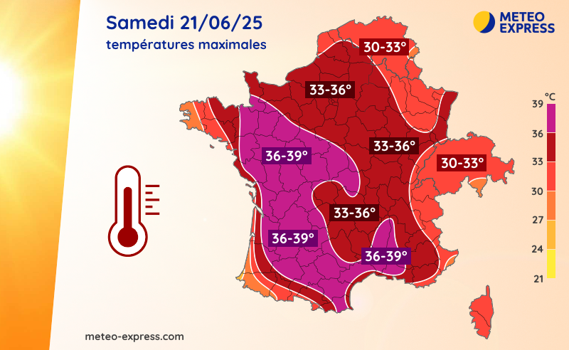 Températures maximales prévues le samedi 21 juin 2025