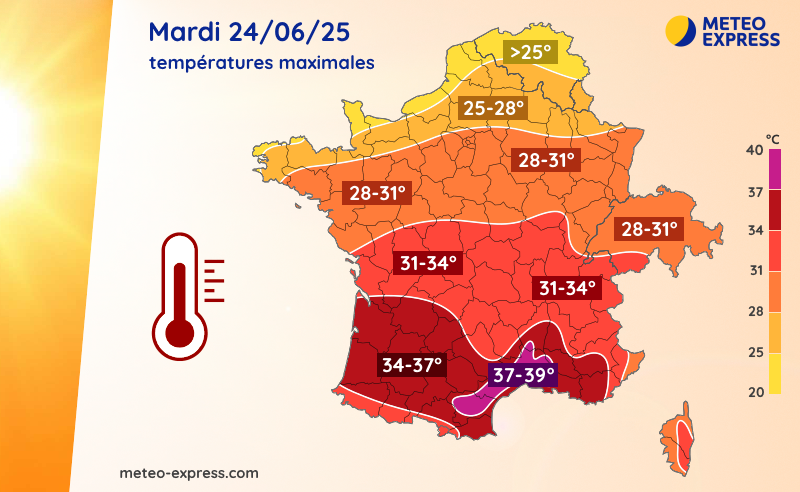 Carte des températures maximales du mardi 24 juin 2025