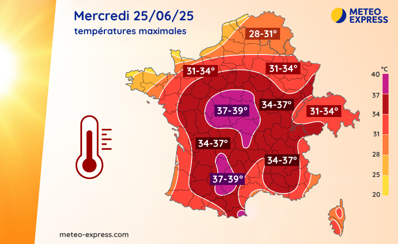 Carte des températures maximales du mercredi 25 juin 2025