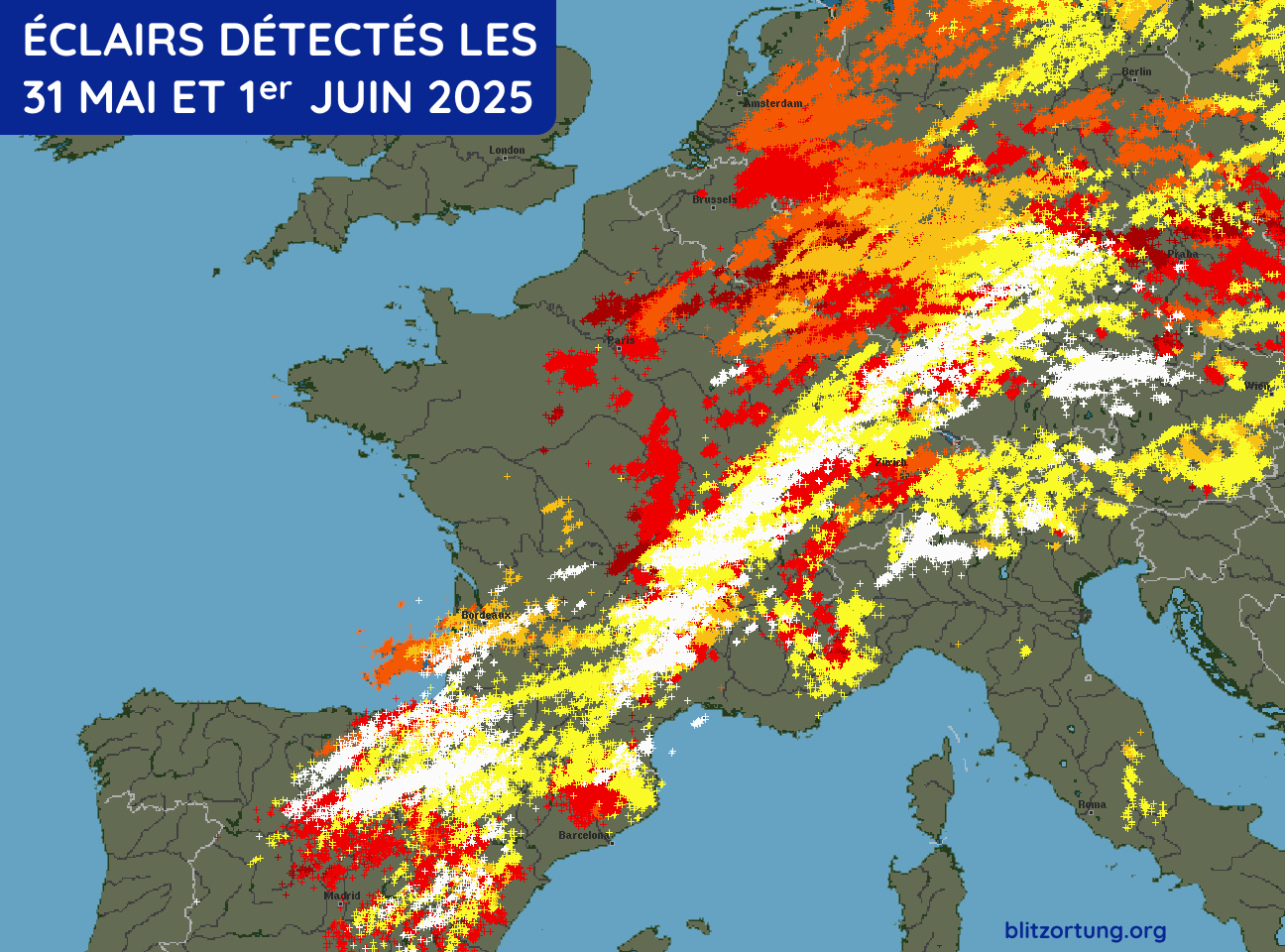Éclairs détectés les samedi 31 mai et dimanche 1er juin 2025
