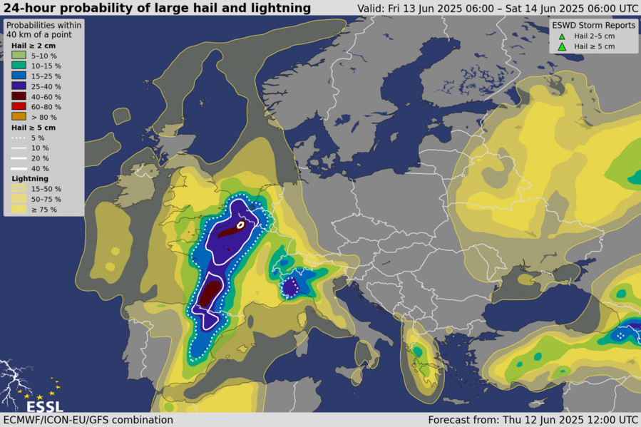 Probabilités de grêle de >2 cm et >5 cm de diamètre pour le vendredi 13 juin 2025