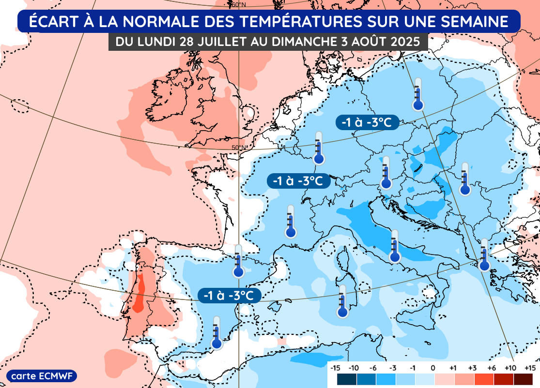 Écart à la normale des températures du lundi 28 juillet au dimanche 3 août 2025