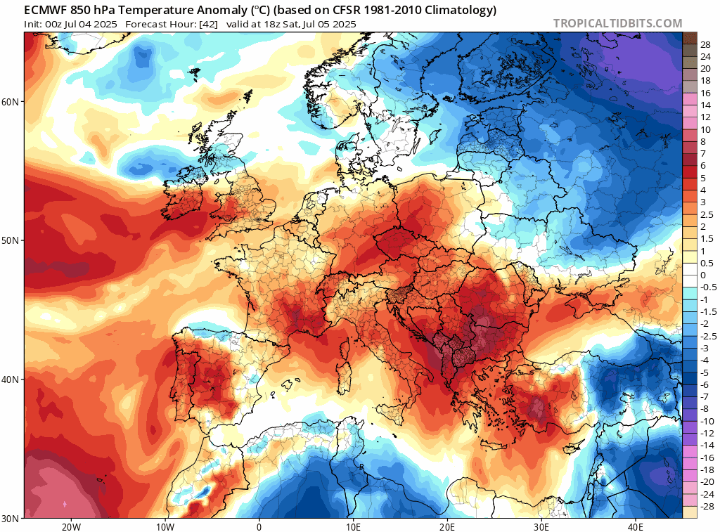 Écart à la normale de la température de la masse d'air du samedi 5 au mardi 8 juillet 2025