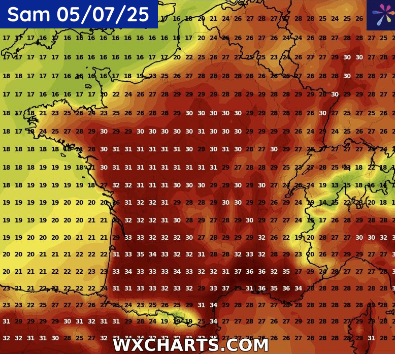 Températures de l'après-midi du samedi 5 au mardi 8 juillet 2025
