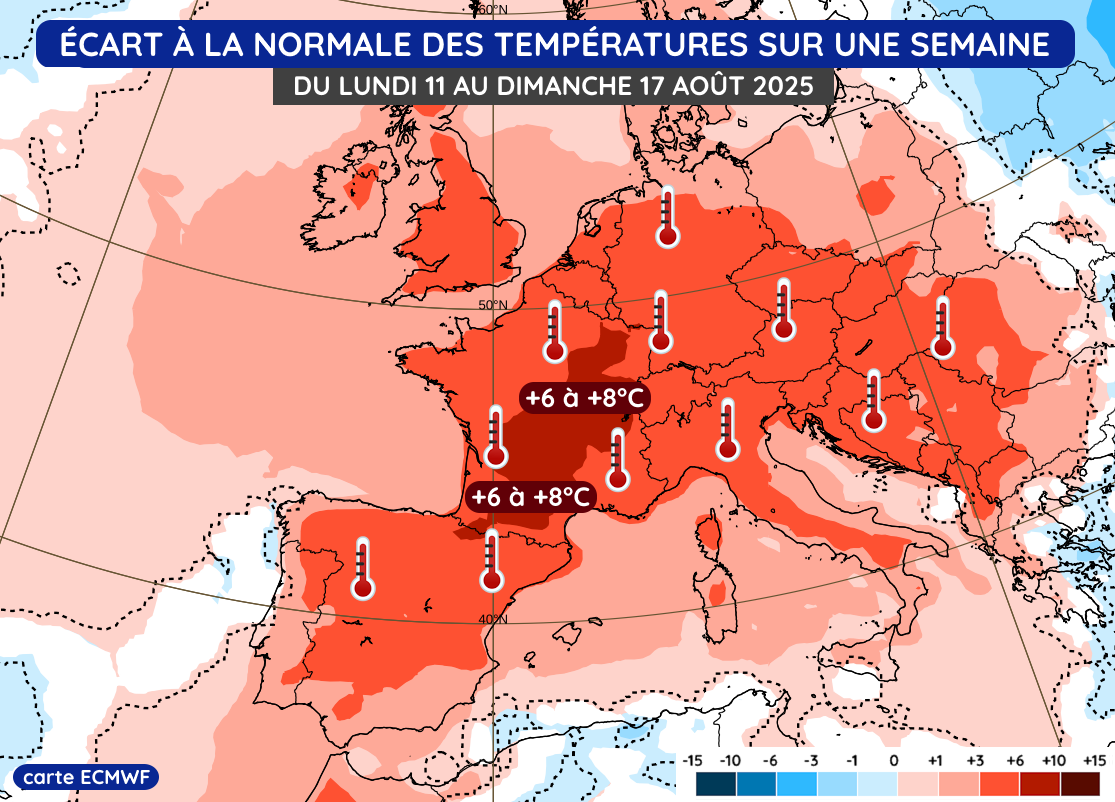 Anomalie thermique prévue du lundi 11 au dimanche 17 août 2025 