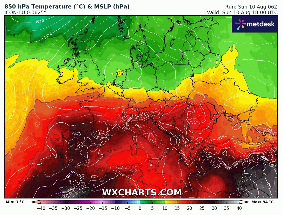 Masse d'air à 850 hPa (vers 1500m) du dimanche 10 au jeudi 14 août 2025