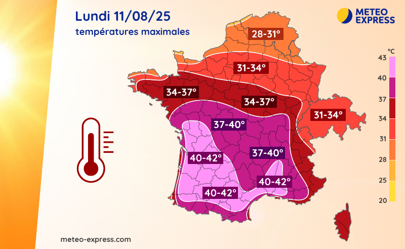 Températures maximales prévues le lundi 11 août 2025