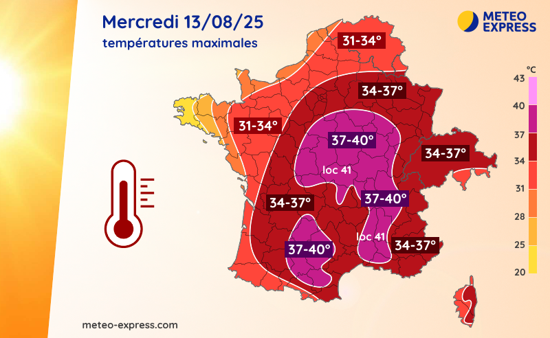 Températures maximales prévues ce mercredi 13 août 2025