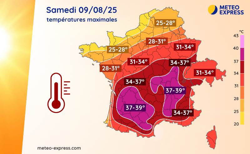 Températures maximales prévues le samedi 9 août 2025