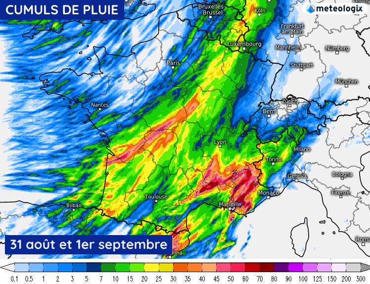 Cumuls de pluie prévus les dimanche 31 août et le lundi 1er septembre 2025