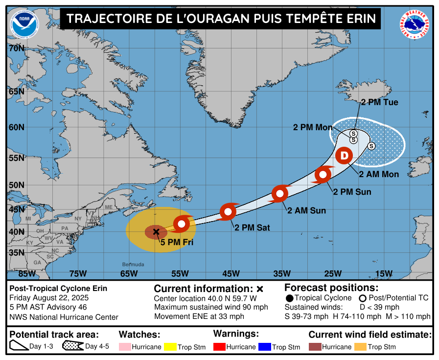 Trajectoire de l'ouragan puis tempête Erin du vendredi 22 au lundi 25 août 2025
