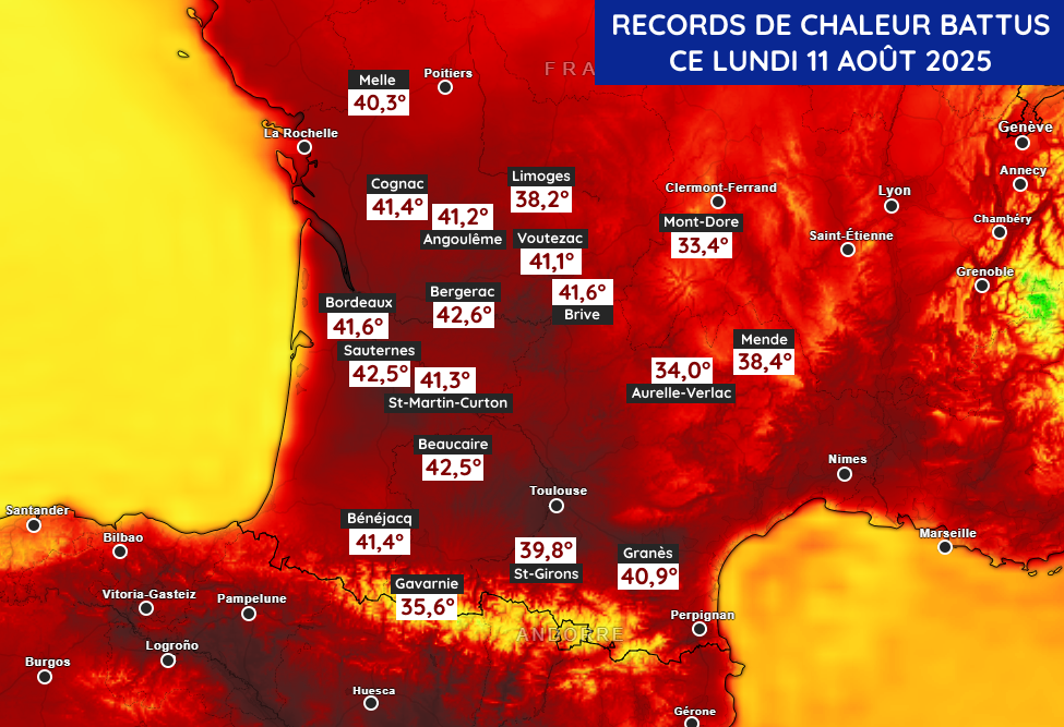 Records de chaleur établis ce lundi 11 août 2025