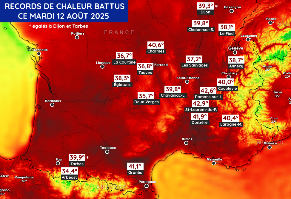Records de chaleur établis ce mardi 12 août 2025