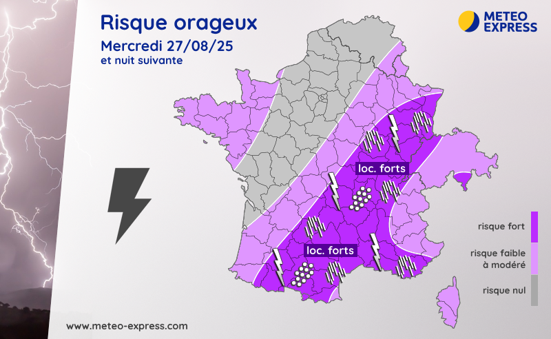 Carte du risque orageux pour le mercredi 27 août 2025 et la nuit suivante