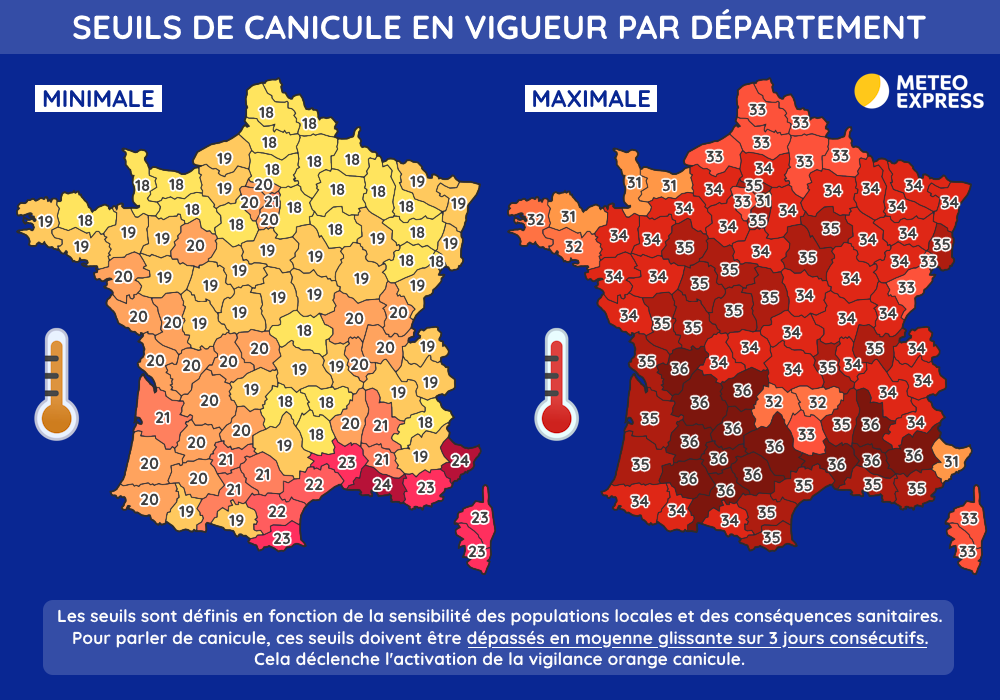 Seuils nocturnes et diurnes de déclenchement de la vigilance orange canicule par département