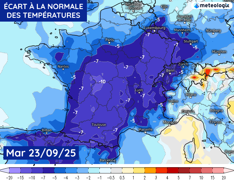 Écart à la normale des températures en après-midi du mardi 23 septembre 2025
