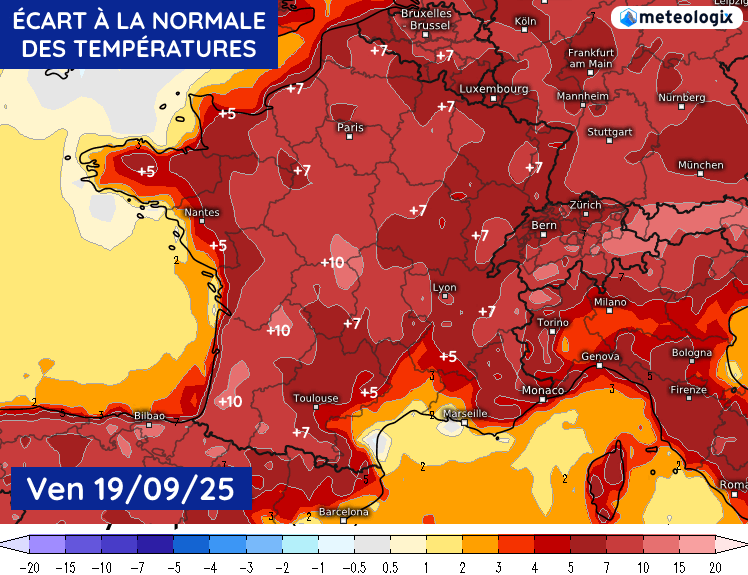 Écart à la normale des températures de l'après-midi du vendredi 19 au dimanche 21 septembre 2025