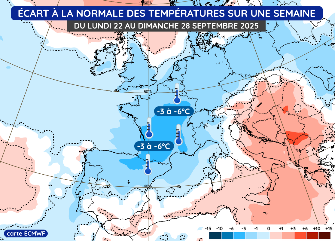 Anomalie thermique sur 7 jours du lundi 22 au dimanche 28 septembre 2025
