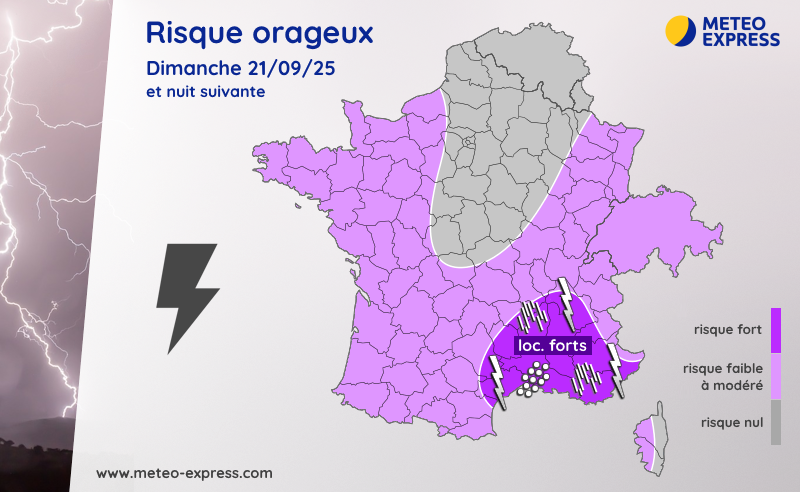Carte du risque orageux le dimanche 21 septembre 2025 et la nuit suivante