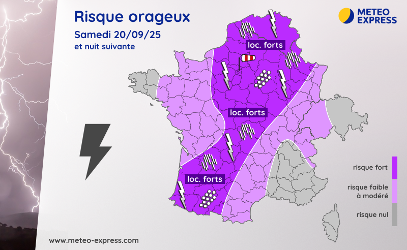 Carte du risque orageux le samedi 20 septembre 2025 et la nuit suivante