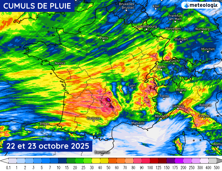 Cumuls de pluie modélisés les mercredi 22 et jeudi 23 octobre 2025
