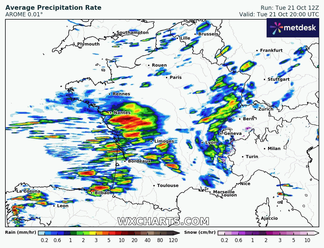 Pluie heure par heure les mercredi 22 et jeudi 23 octobre 2025